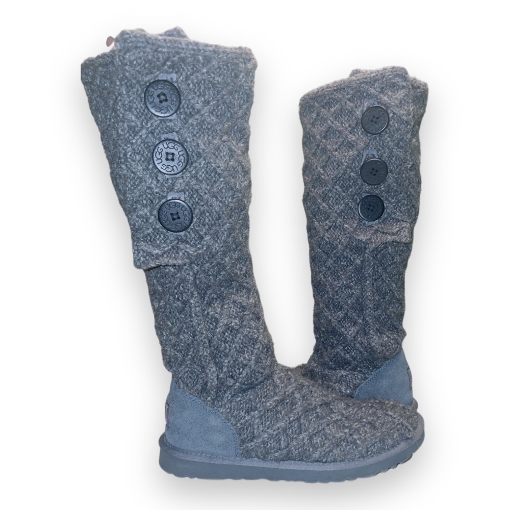 UGG Australia Gray Lattice Cardy 3 Button Tall Winter Knit Boots size US 9 - Picture 1 of 7